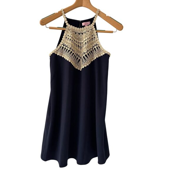 Lilly Pulitzer Navy Blue Silver Lace Embroidered Sleeveless Short Shift Dress 4 - Picture 1 of 7
